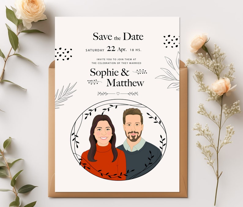 Unique Personalized Save The Date with Custom Portraits. white