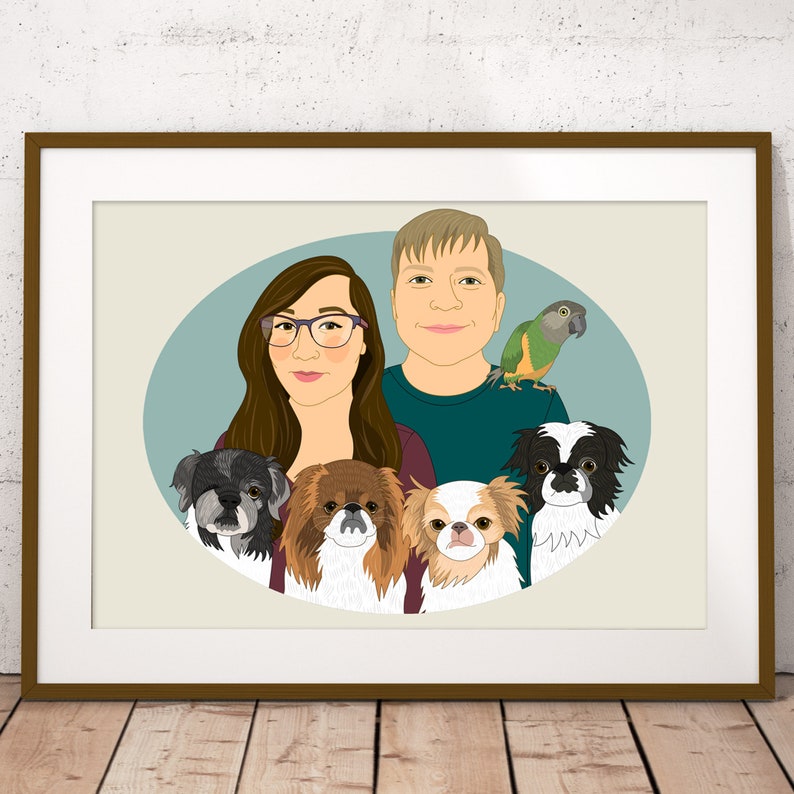 Personalized Hand Drawn Family Portraits with pets. Custom Family Portrait in oval frame. image 4