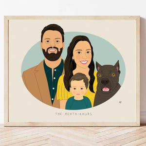First Father's Day Gift, Family Portrait Illustration, Custom Portrait, Unique Gift for New Mom or Dad, Kid's Room Decor, 4 People or Pets