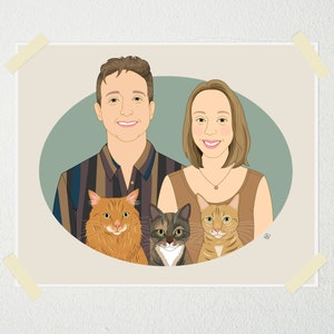 Custom Couple Portrait with 3 or more Pets. Personalized portrait from photos.  5 or more people or pets.