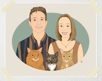 Custom Couple Portrait with 3 or more Pets. Personalized portrait from photos.  5 or more people or pets.