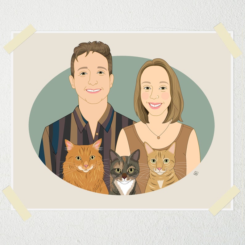 Custom Couple Portrait with 3 or more Pets. Personalized portrait from photos. 5 or more people or pets. image 1