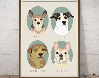 4 pet portraits. Customized pet portraits. Personalized portraits of Dogs or Cats. Gift for pet lovers. Gift for pet Moms.