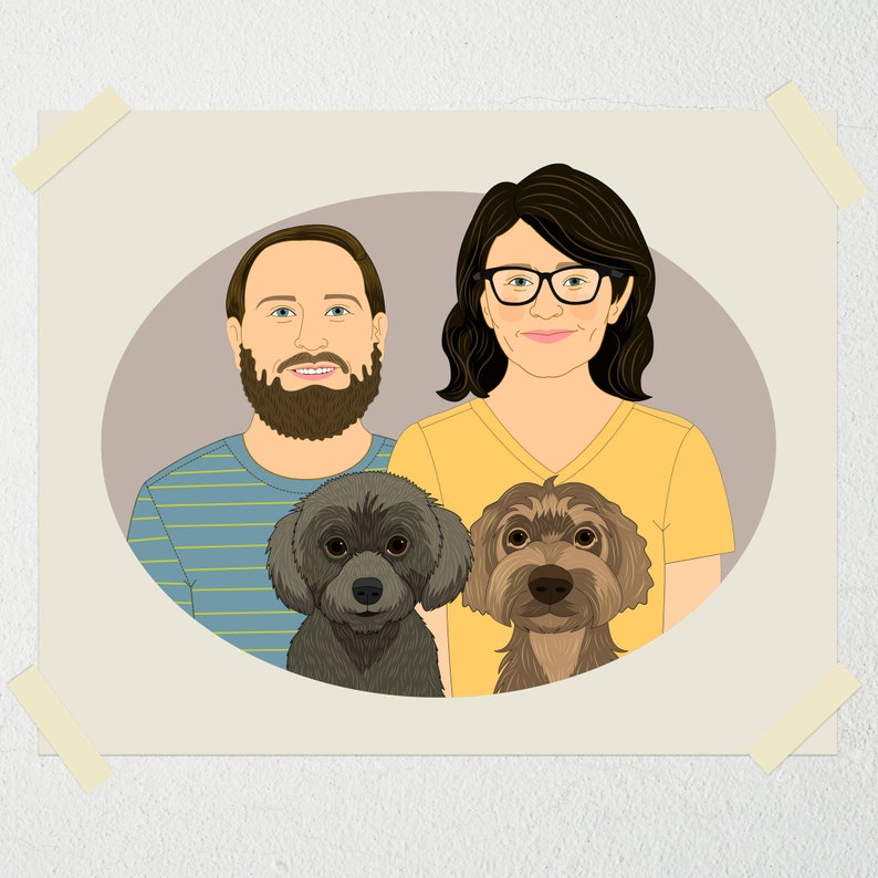 Personalized Hand Drawn Family Portraits with pets. Custom Family Portrait in oval frame. image 3