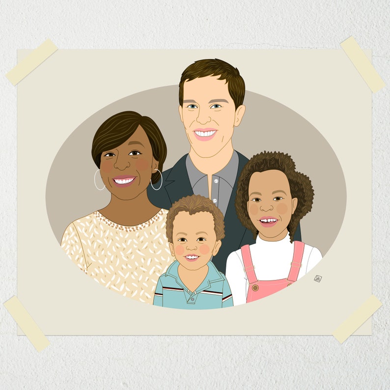 Personalized Family Portrait of 4. Custom Family Portrait. Digital Drawing From Photo. image 1