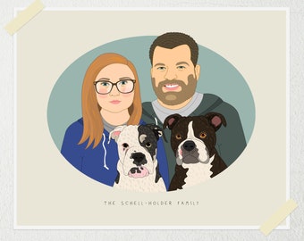Gepersonaliseerde paar portret. Uniek cadeau voor hondeneigenaarpaar, aangepast portret, digitale tekening van foto, cadeau voor dierenliefhebbers