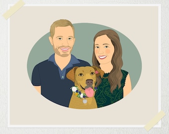 Personalized Engagement Gift. Custom Couples Portrait. Portrait With one Pet. Gift For Dog Or Cat Lover Couple. Gift for Newlyweds.