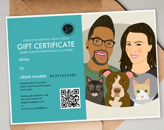 Gift Certificate. Couples Portrait with Pets + 8x10' Art print. Last minute Gift.