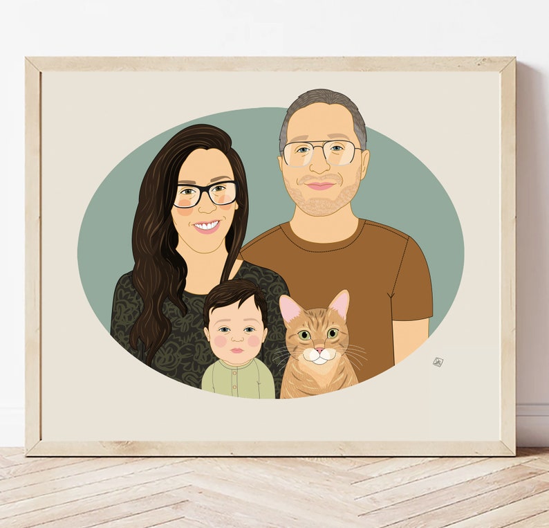 Family Portrait with a Baby and a Pet. Mother's or Father's Day gift. Anniversary gift. 3 people 1 pet. image 2