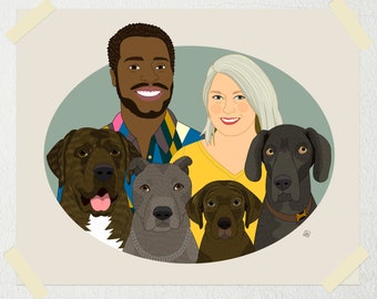 Unique Personalized Couple Portait With Pets. Gift for Pet Lovers. Drawing From Photos. 6 people/pets.