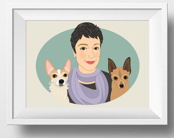 Cadeau de perte d'animal de compagnie. Mémorial du chien ou du chat. Portrait avec des animaux domestiques. Portrait de propriétaire d'animal de compagnie. Cadeau d'anniversaire. Cadeau pour les amateurs d'animaux de compagnie. Portraits dessinés à la main.