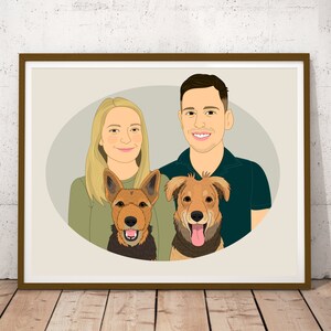 Unique Home decoration. Personalized Wall Art. Personalized couple portrait with 2 dogs. Wedding or Anniversary gift. image 3