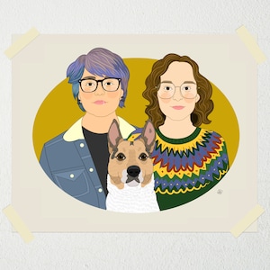 Custom Couple Portrait with Pet. Same Sex Wedding or Anniversary Gift. Handmade Digital Portrait Of Lesbian or Gay Couples.