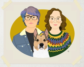 Custom Couples Portrait with Pet. Same Sex Wedding or Anniversary Gift. Handmade Digital Portrait Of Lesbian or Gay Couples.