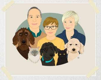 Regalo personalizzato per l'inaugurazione della casa. Illustrazione personalizzata del ritratto di famiglia con animali domestici. Ritratto di famiglia unico nel suo genere da foto.