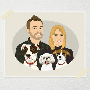 Custom Couple Portrait with 3 Pets. Gift for animal lovers. Couple illustration. Digital portrait. image 5