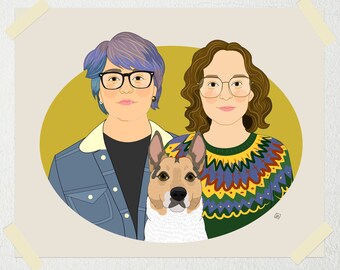 Custom Couples Portrait with Pet. Same Sex Wedding or Anniversary Gift. Handmade Digital Portrait Of Lesbian or Gay Couples.