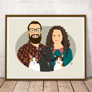 Custom Couple Portrait with 3 Pets. Gift for animal lovers. Couple illustration. Digital portrait. image 7