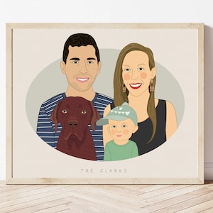 Family Portrait with a Baby and a Pet. Mother's or Father's Day gift. Anniversary gift. 3 people 1 pet. image 1