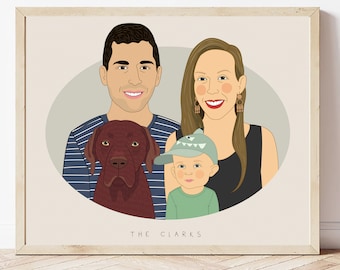 Family Portrait with a Baby and a Pet. Mother's or Father's Day gift. Anniversary gift. 3 people 1 pet.