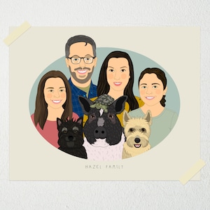 Personalized Hand Drawn Family Portraits with pets. Custom Family Portrait in oval frame. image 1