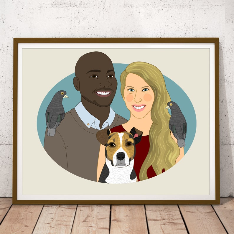 Custom couples portrait with pets. Gift for animal lovers. Couple's illustration. Digital file. 
