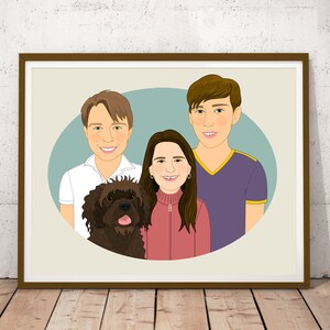 Personalized Hand Drawn Family Portraits with pets. Custom Family Portrait in oval frame. image 8