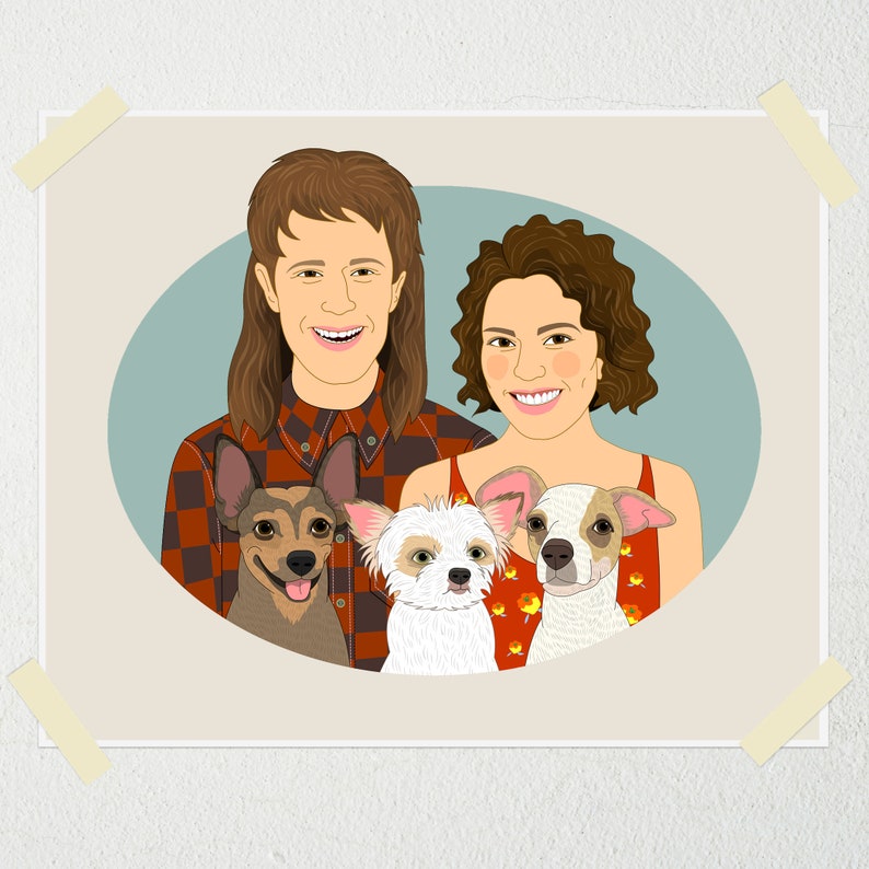 Custom Couple Portrait with 3 Pets. Gift for animal lovers. Couple illustration. Digital portrait. image 3