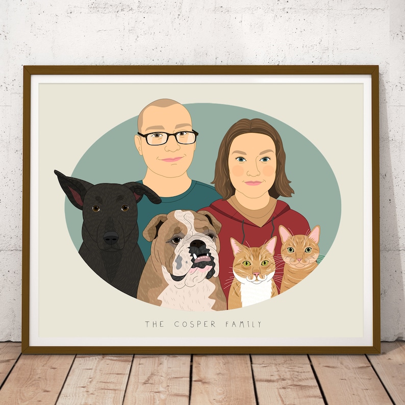 Personalized Hand Drawn Family Portraits with pets. Custom Family Portrait in oval frame. image 7