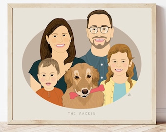 Gift For Parents or Grandparents. Family Portrait of 5 People or Pets. Family Illustration. Digital Drawing.