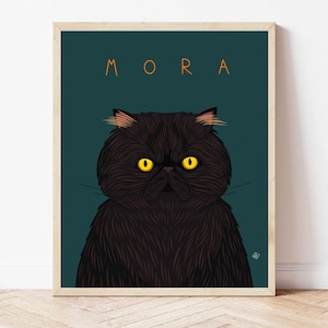 Dark Background Cat Illustration, Custom Cat Portrait, Whimsical Cat Wall Art, Hand Drawn Digital Drawing, Art Print, Cat Mom Gift