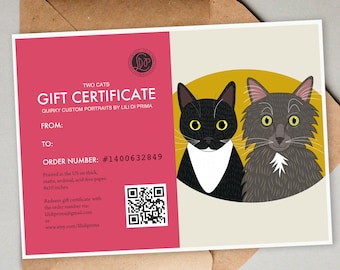 Gift certificate. Custom Cat portraits. Two cats + 8x10' Art print. Last minute gift idea for pet lovers. Pet memorials. Gift For Cat Lovers