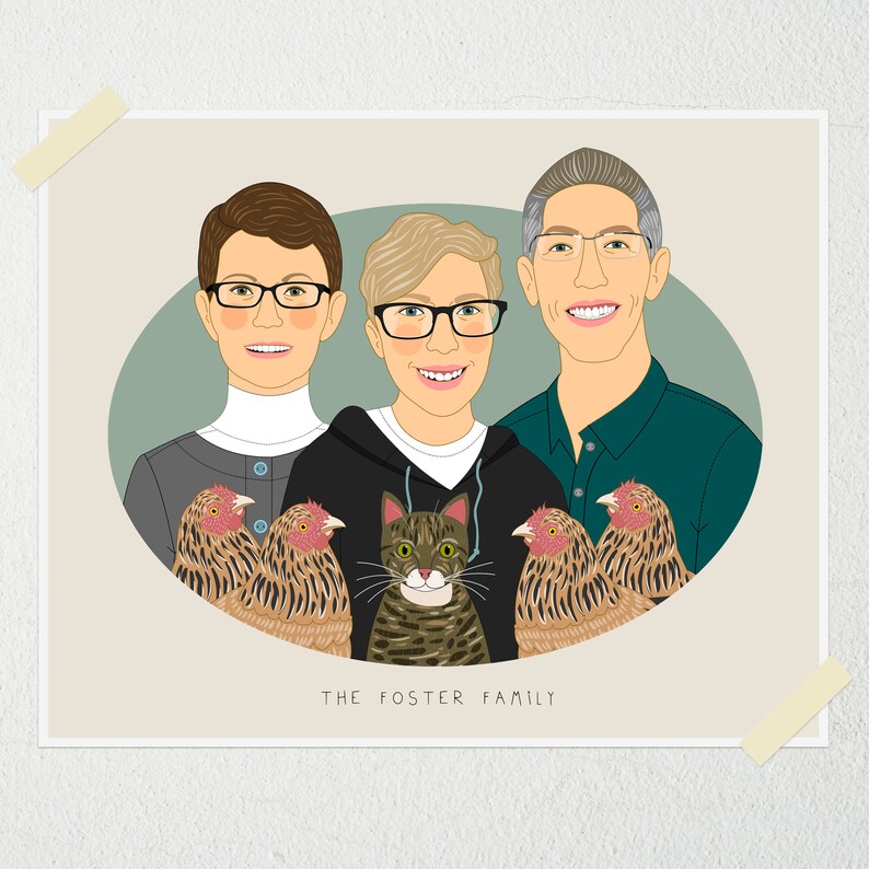 Custom Couple Portrait with 3 or more Pets. Personalized portrait from photos. 5 or more people or pets. image 2