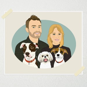 Custom Couple Portrait with 3 or more Pets. Personalized portrait from photos. 5 or more people or pets. image 3