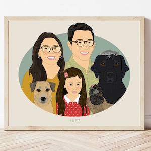 Custom Family Portrait Illustration From Photo. Personalized Portrait. Large Family Illustration With Pets In Oval Frame. Wall art.