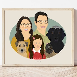 Family Portrait from Photo, Unique Personalized Gift for Mom or Dad, Illustration for Large Families with Pets, Home Decoration