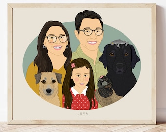 Custom Family Portrait Illustration From Photo. Personalized Portrait. Large Family Illustration With Pets In Oval Frame. Wall art.