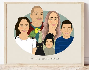 Ritratto di grande famiglia. 7 persone o animali domestici. Illustrazione di famiglia personalizzata. Ritratti digitali personalizzati.