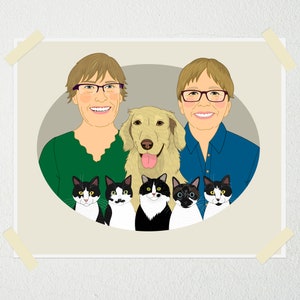 Custom Couple Portrait with 3 Pets. Gift for animal lovers. Couple illustration. Digital portrait. image 10