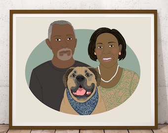Personalisiertes Paarporträt mit Haustier, Hochzeits- oder Jahrestagsgeschenk für sie / ihn Porträt vom Foto.