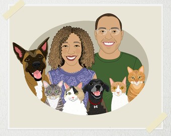 Personalized Couple Portrait with Pets. Digital Drawing From Photos. Gift For Pet Lover Couple. Birthday Gift for Him/Her.