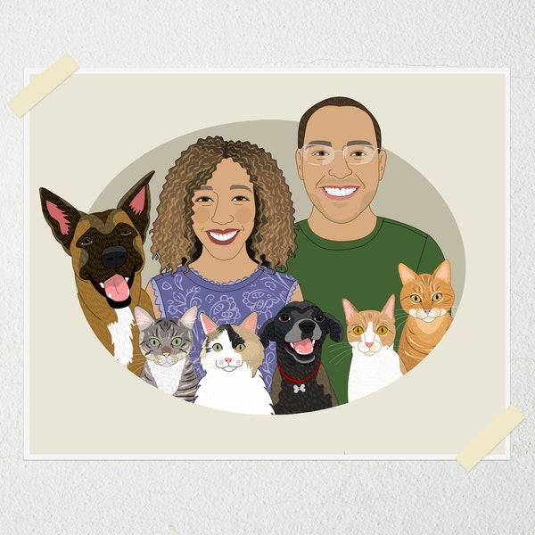 Personalized Couple Portrait with Pets. Digital Drawing From Photos. Gift For Pet Lover Couple. Birthday Gift for Him/Her.