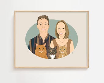 Couple Portrait with Pets, Personalized Drawing from Photos, Gift for Pet Parents