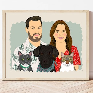 Gift For Pet Owners. Funny Gift for Pet Parents. Custom Portrait for Couple with Pets. Minimalist Personalized Couple Drawing From Photos