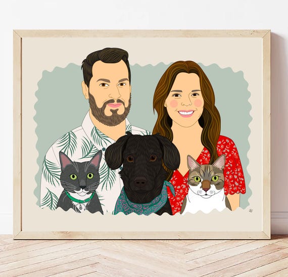 Custom Couple and Pet Portrait: Personalized Minimalist Art Gift