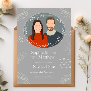 Unique Personalized Save The Date with Custom Portraits. light gray