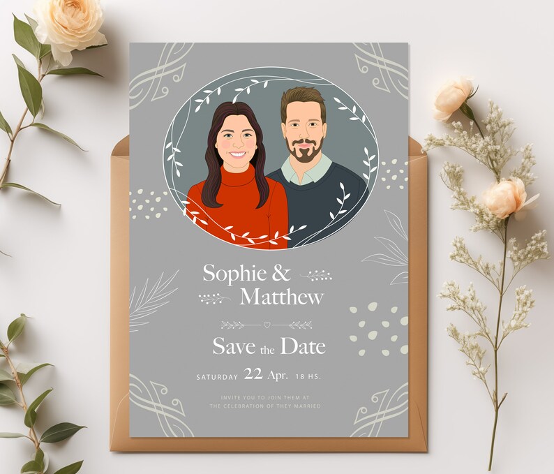 Unique Personalized Save The Date with Custom Portraits. light gray