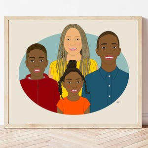 Ritratto di famiglia personalizzato di 4. Ritratto di famiglia personalizzato in cornice ovale. Disegno digitale da foto, regalo unico per la festa della mamma o del papà