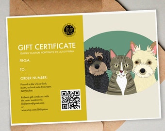 Gift certificate. Custom Pet Portraits. 3 Pets + 8x10' Art print. Pet memorials. Multiple pet Portraits. Digital Drawing from Photo.