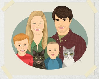 Custom Family Portrait Illustration From Photos. Dog and Cat Lover Family Portraits. Anniversary or Birthday Gift.